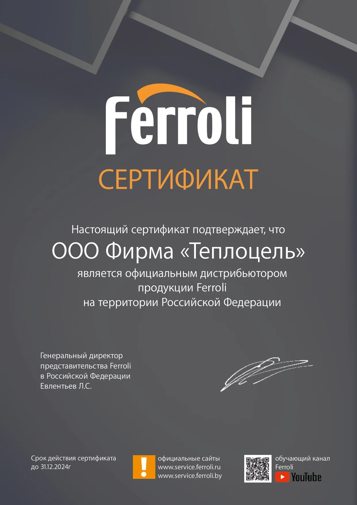 Партнерский сертификат марки FERROLI